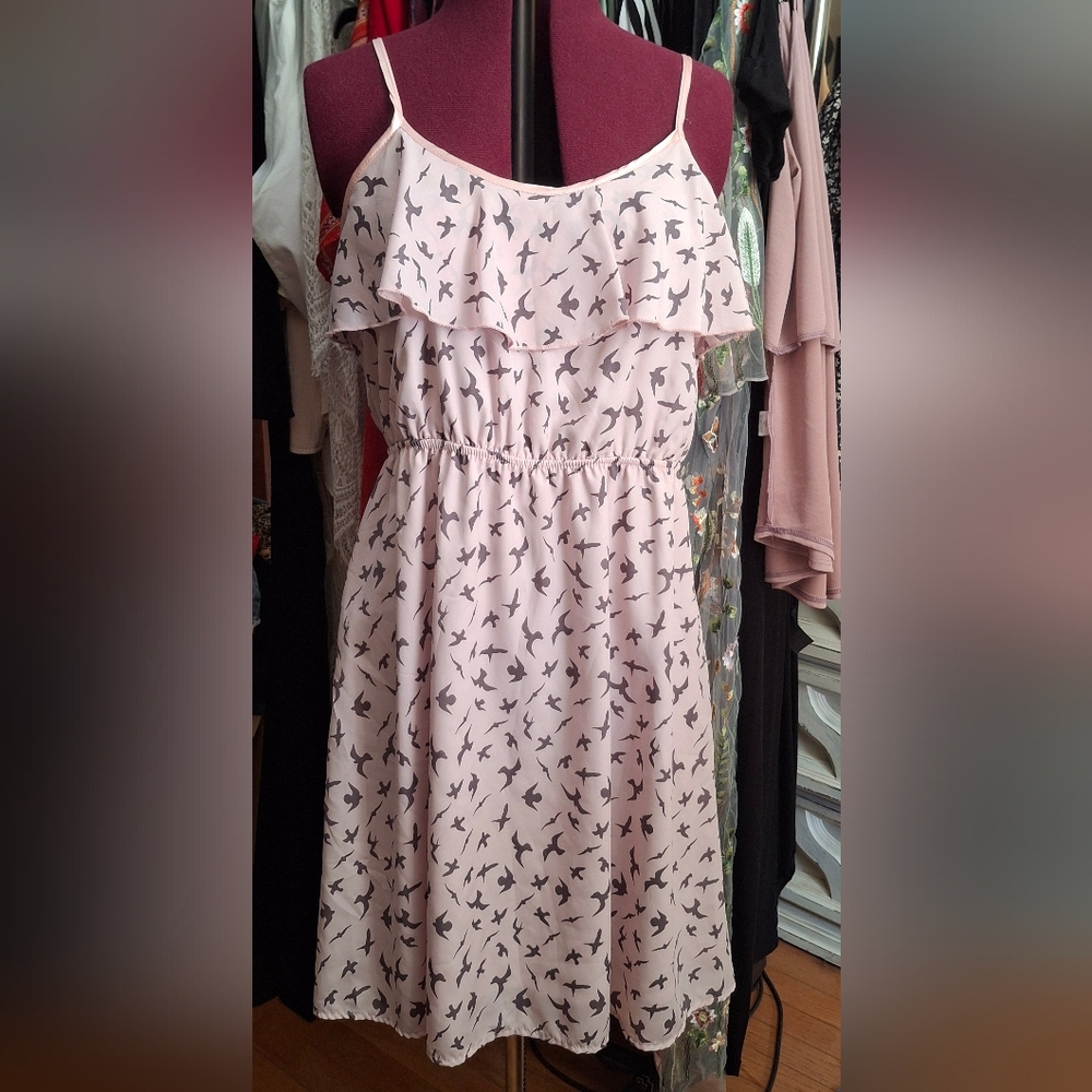Light pink dress with grey bird silhouettes. Brand: Dori XL/1X